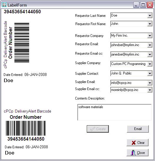 Barcode data input form converted later to printed label for attachment to package